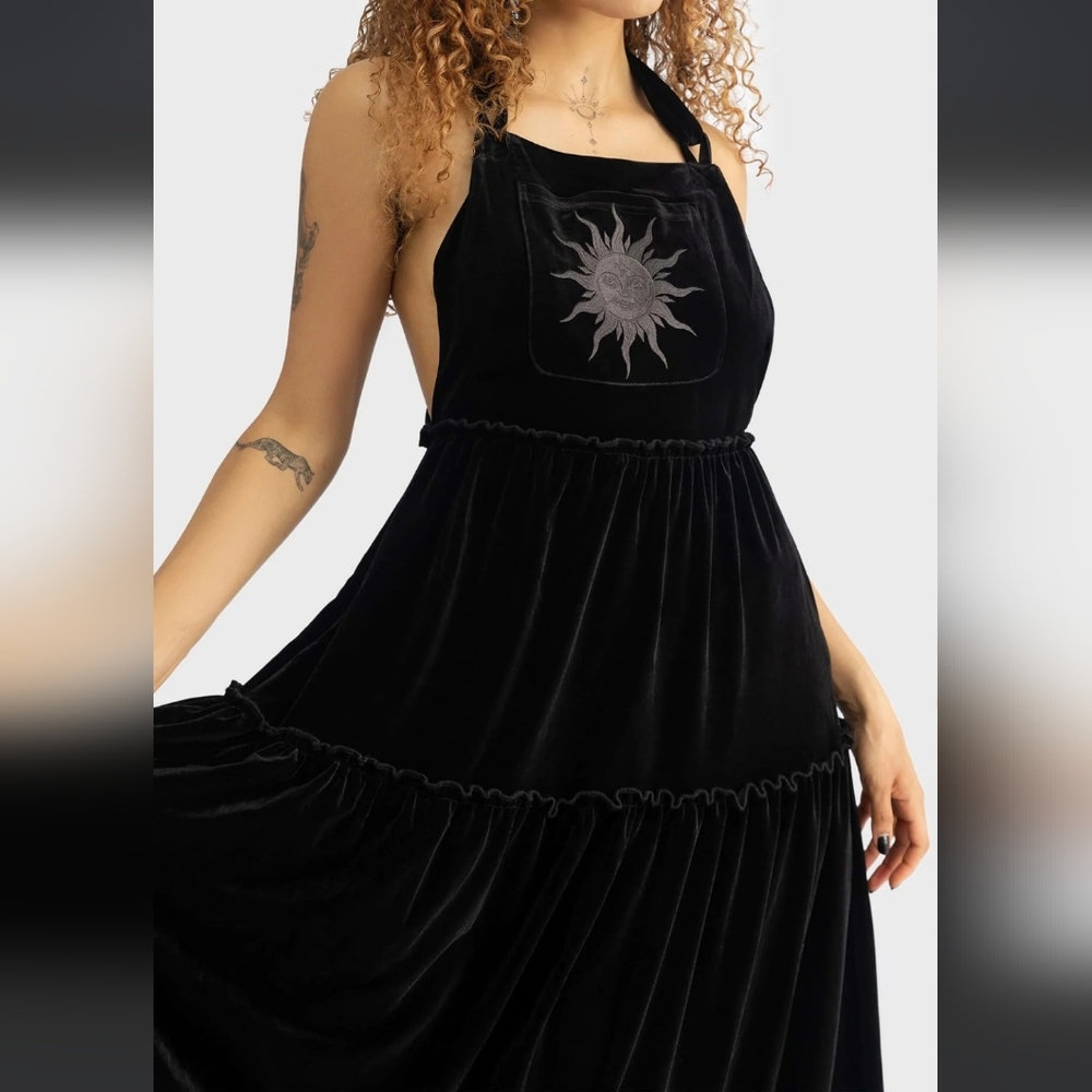 Killstar Black Velvet Maxi Dress with Sun Design - Picture 2 of 11